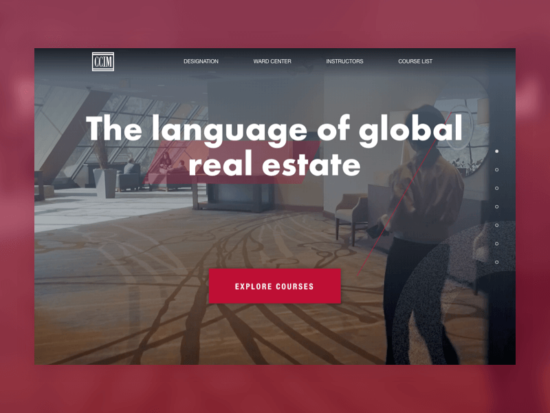CCIM homepage with the headline "The language of global real estate" and an Explore Courses call-to-action button
