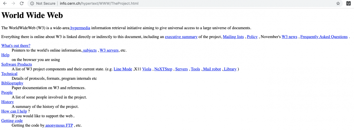 CERN's WorldWideWeb project page, the first website from 1991, with plain text and blue hyperlinks