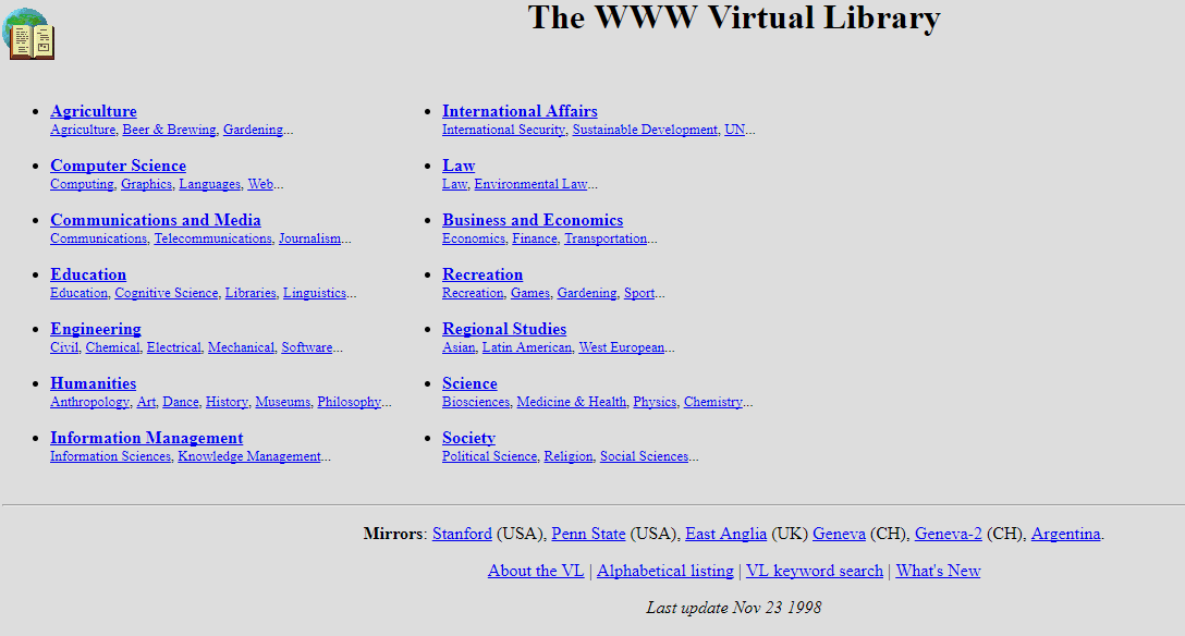 The WWW Virtual Library directory from 1998, an early hyperlinked index in web design history