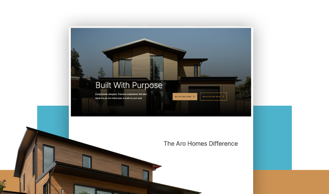A screenshot of the Aro Homes site. At the bottom of the graphic there is a cut out of an Aro Homes house in front of orange and blue rectangles.