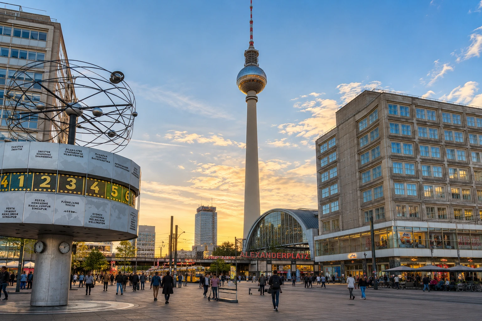 Berlin Alexanderplatz mit Fernsehturm und Weltzeituhr bei Sonnenuntergang