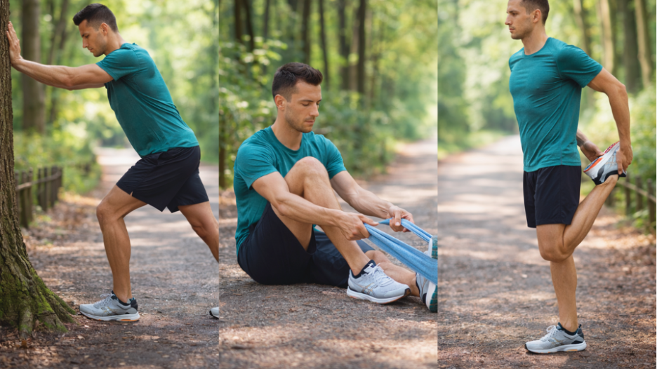 Runner performing Achilles and calf stretches to reduce tendon strain 