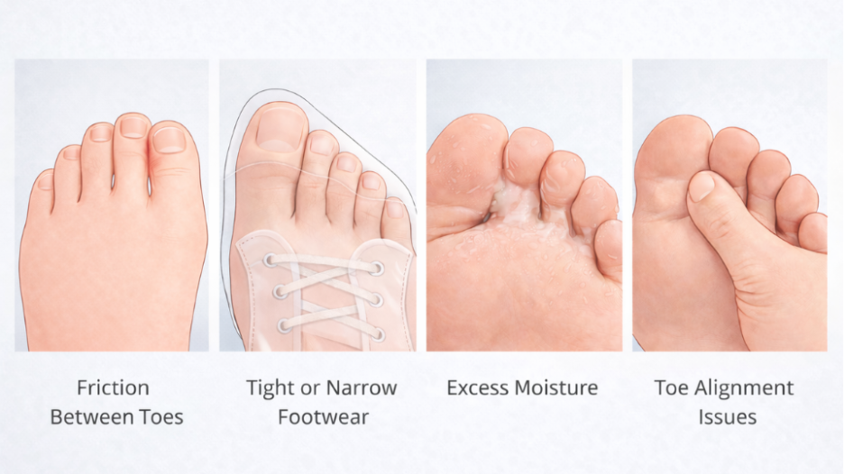 Illustrations showing causes of soft corn between toes