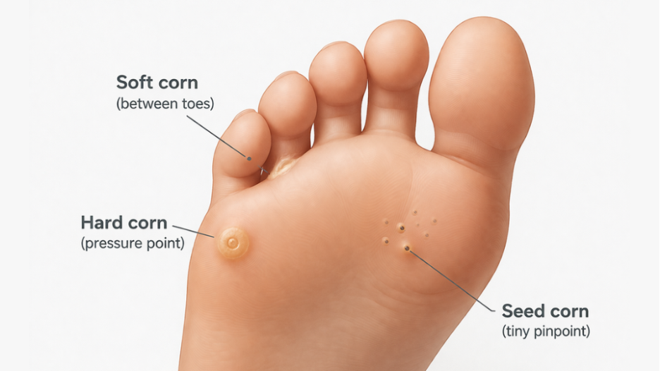 Foot sole showing soft corn, hard corn, and multiple seed corns