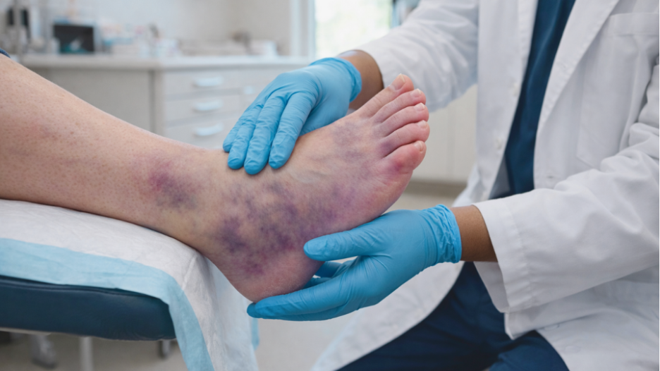 Podiatrist examining foot with purple discoloration