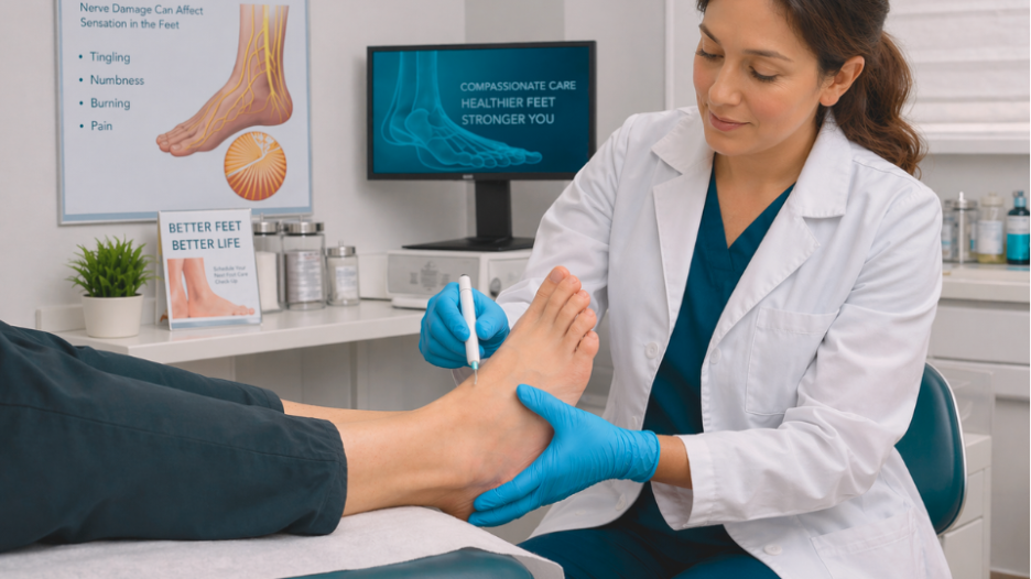 Podiatrist examining foot for foot massage for neuropathy evaluation