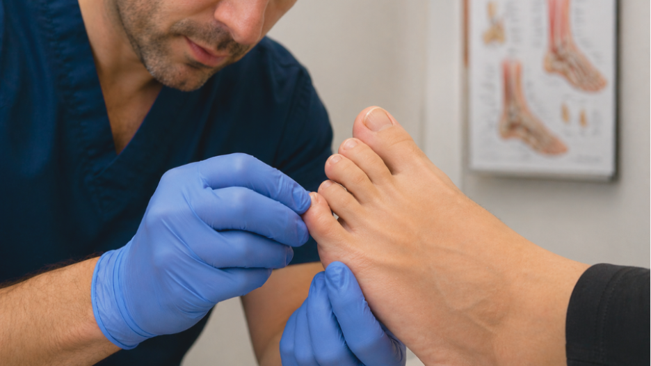 Podiatrist examining sideways pinky toe during foot evaluation