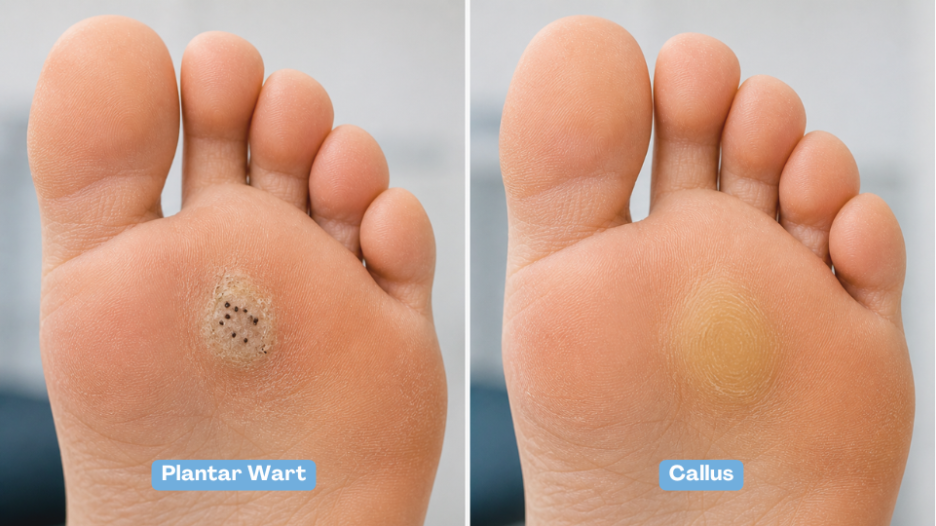 Warts on feet vs callus comparison showing plantar wart with black dots and smooth callus without dots on sole