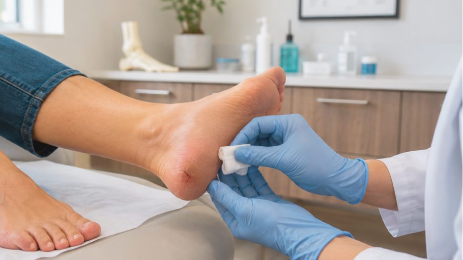 Podiatrist treating an infected foot with visible heel wound and signs of infection on foot