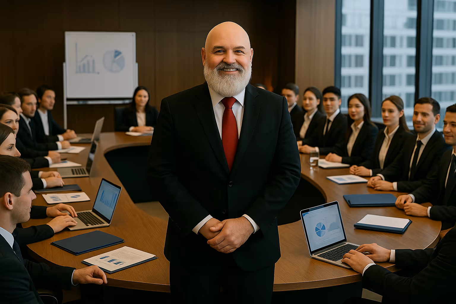 Leader standing confidently with business team in boardroom.