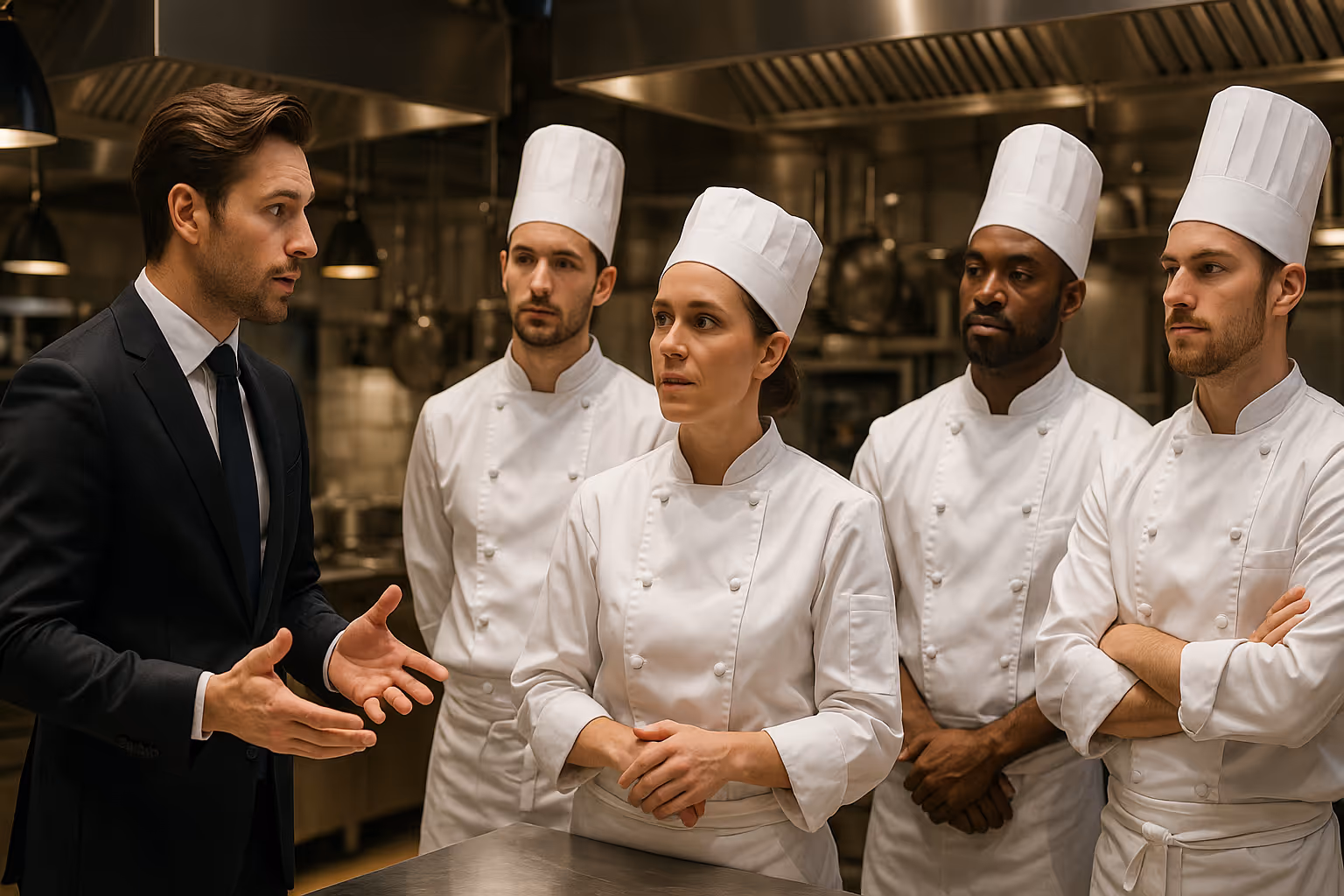 Manager talking to chefs in a professional kitchen.