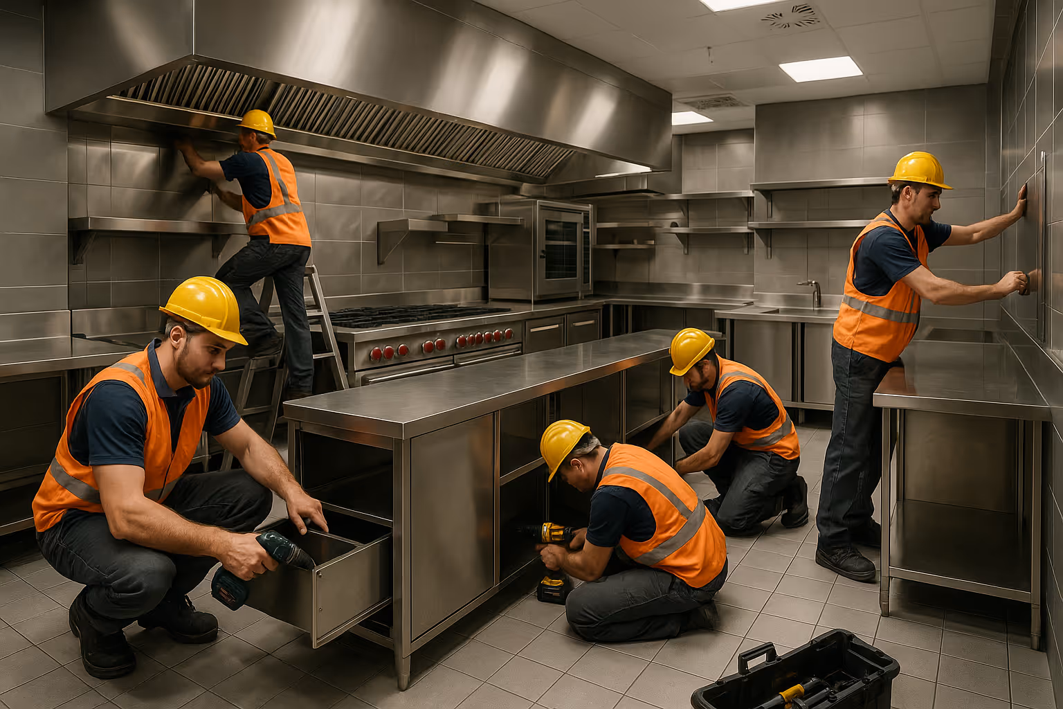 Workers installing equipment in a kitchen.