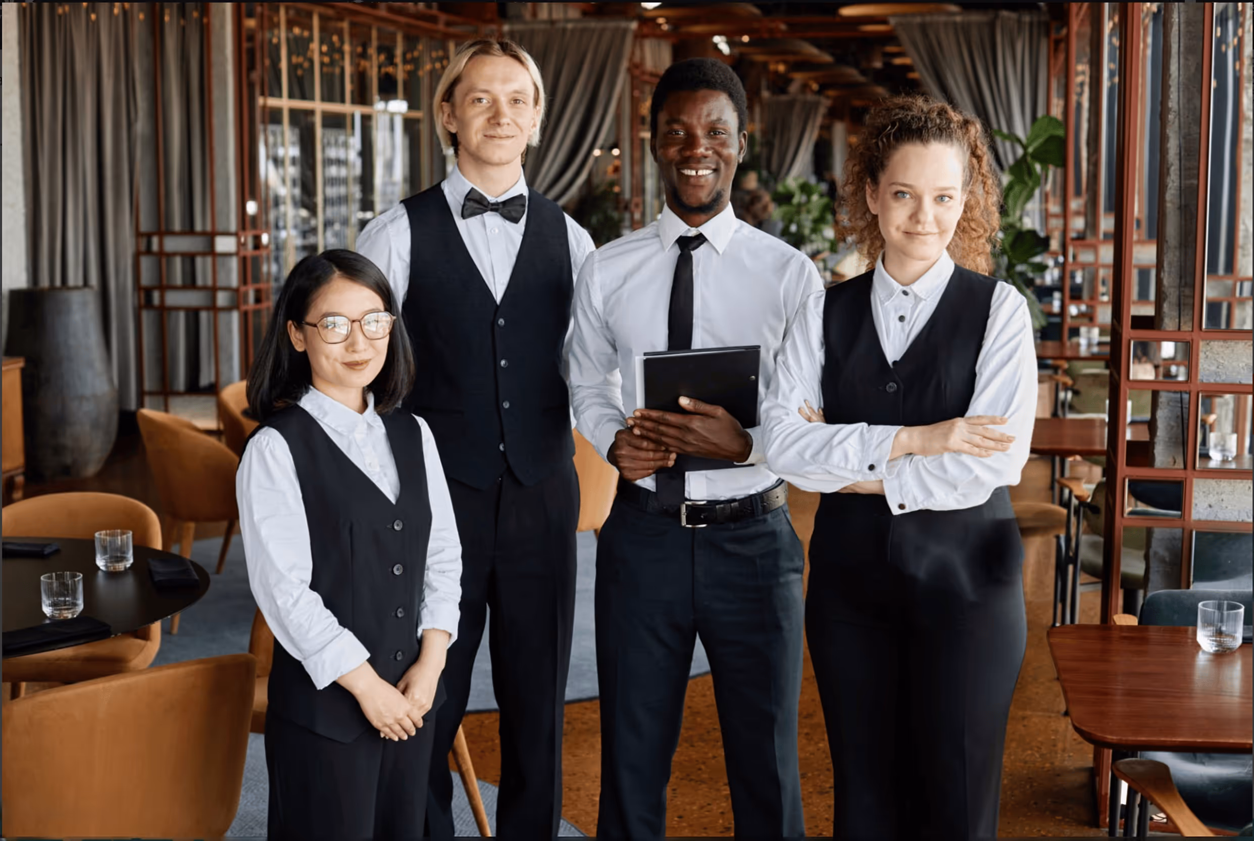 Group of restaurant staff in uniform standing together and smiling.
