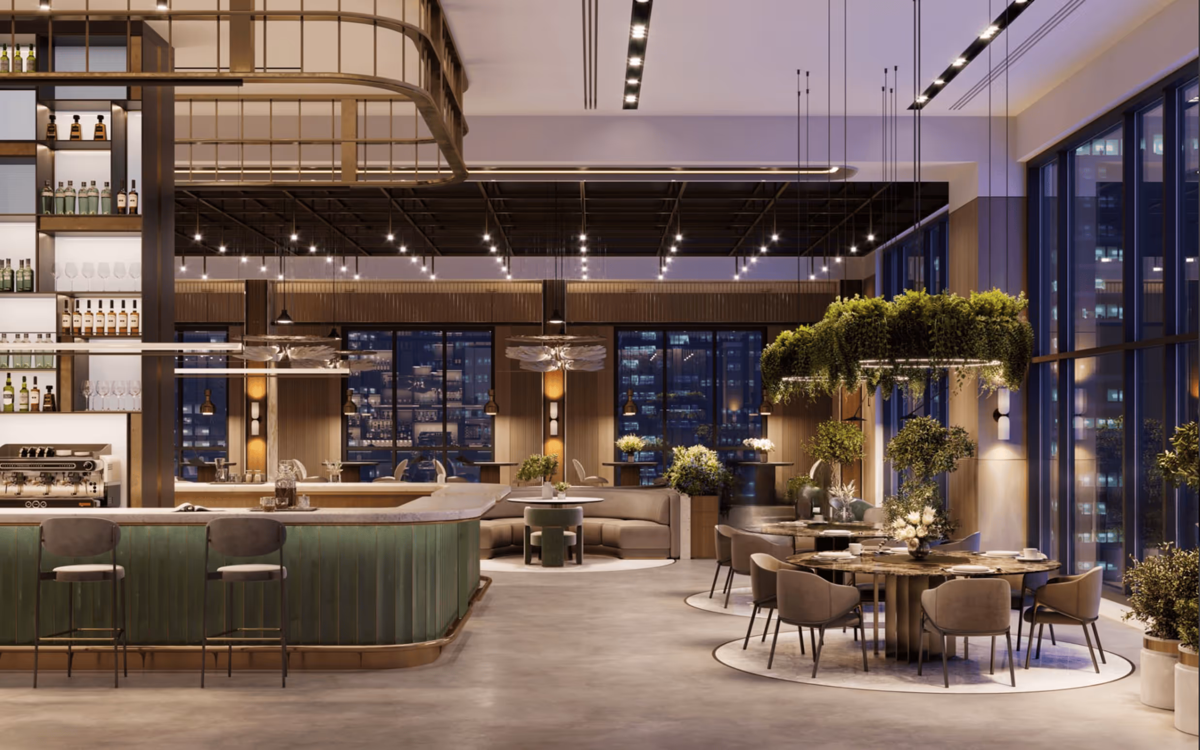 Modern restaurant interior with bar, plants, and stylish seating.