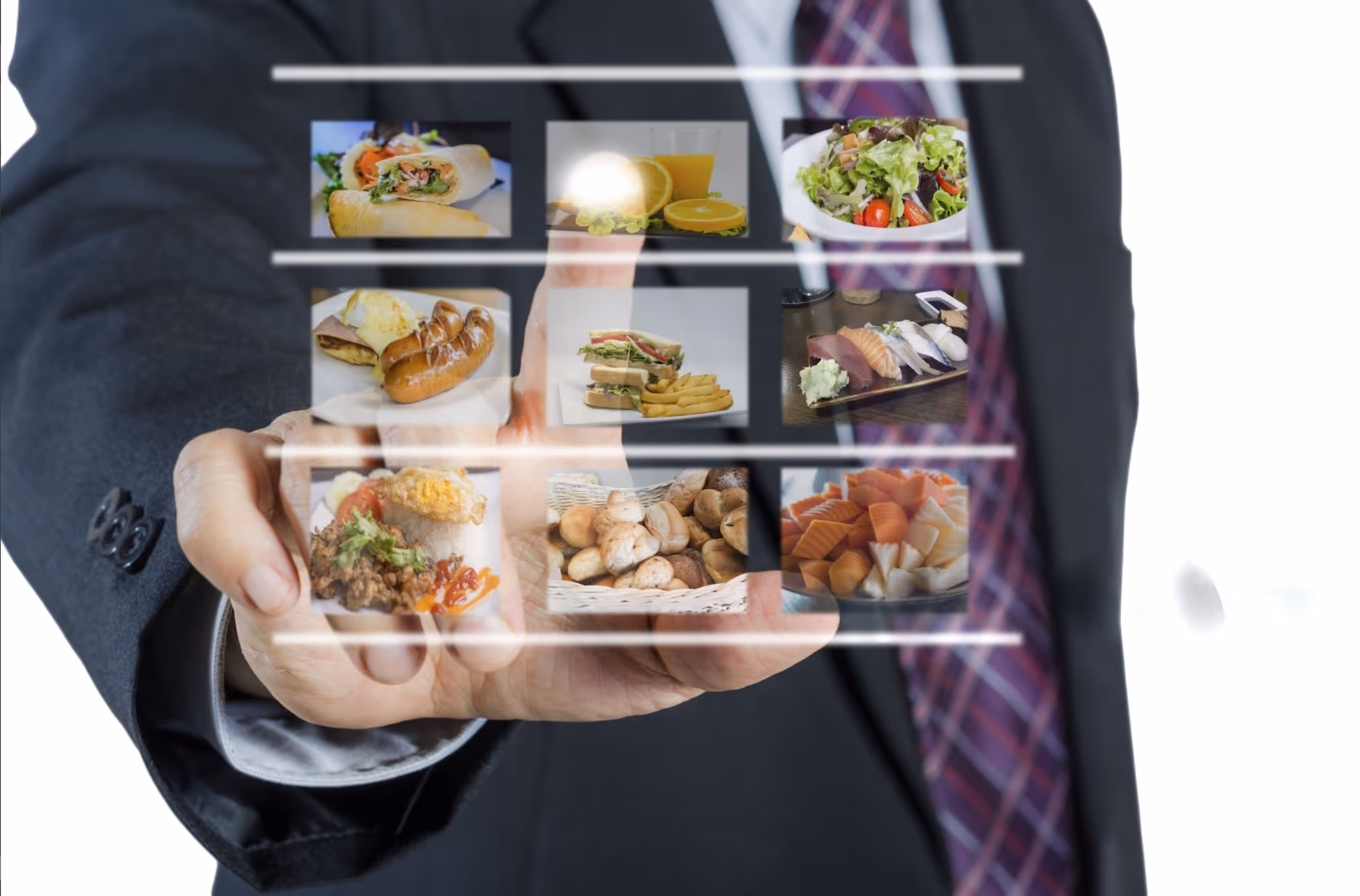 Person in suit selecting virtual food menu.