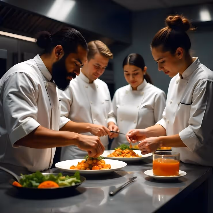 Chefs in a professional kitchen collaborating on food preparation during a micro-course.