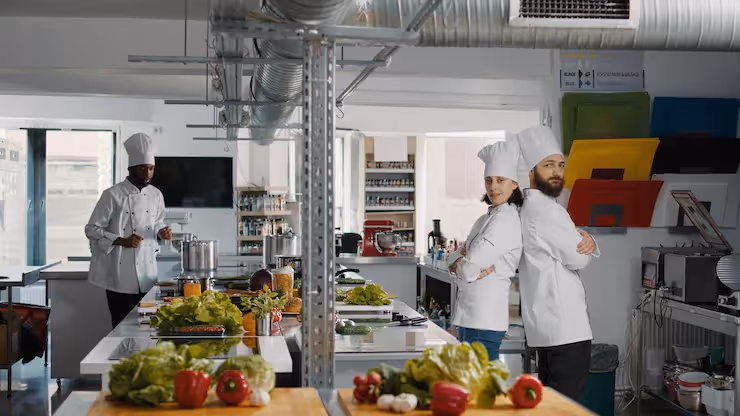 Three chefs in white uniforms and hats working in a modern kitchen with fresh vegetables on countertops.