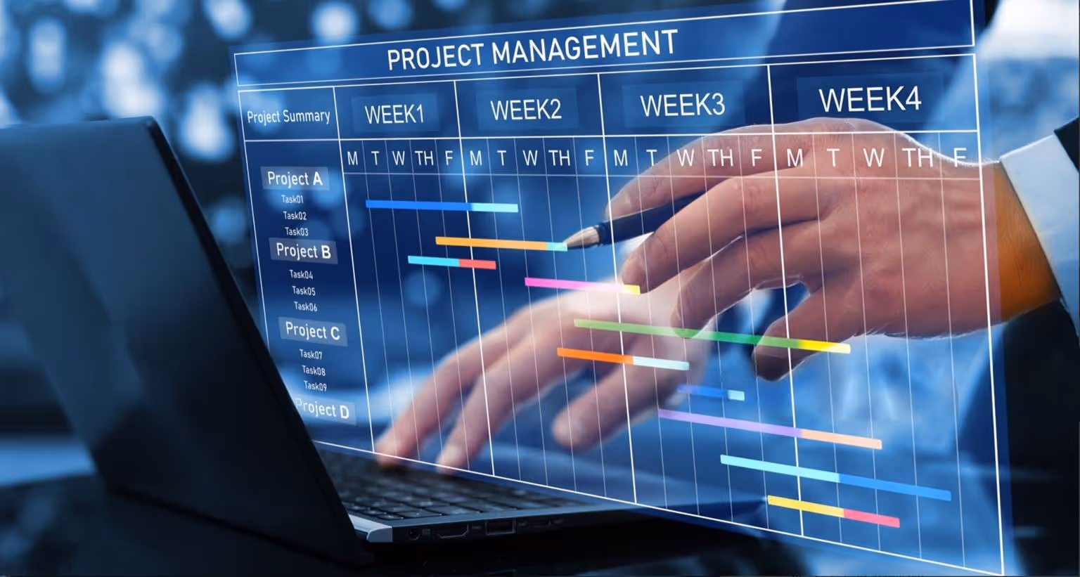 Digital project management Gantt chart with colored task bars overlaid on a laptop and a hand pointing at the screen.