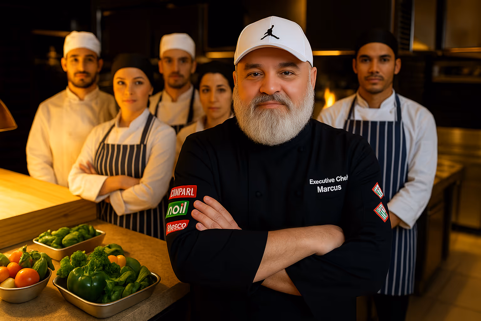 Marcus Marouff wearing a white cap stands confidently with arms crossed in front of four chefs in kitchen, fresh vegetables on counter.