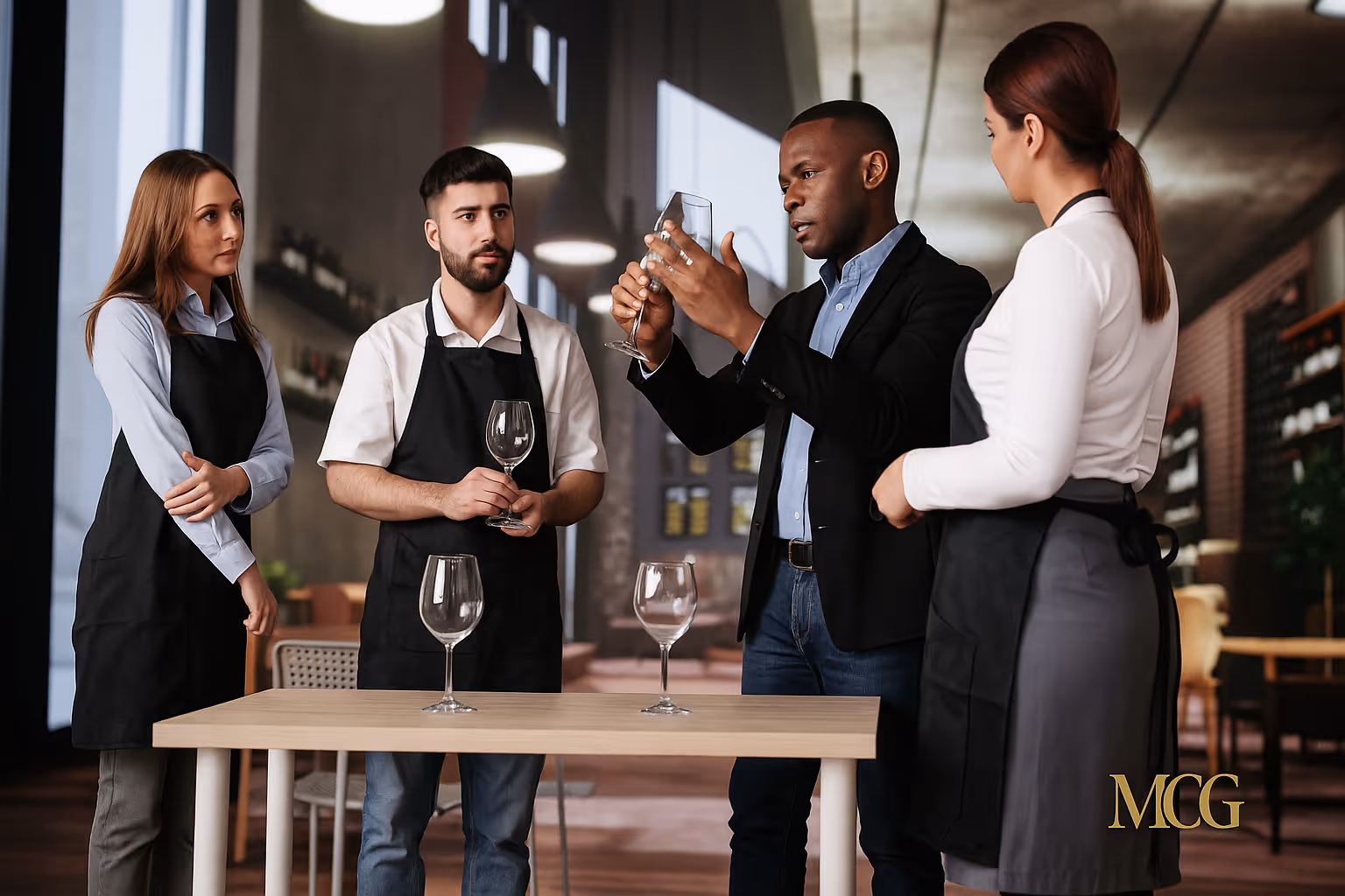 A man in a black blazer demonstrating glassware to three attentive servers wearing black aprons in a modern restaurant.