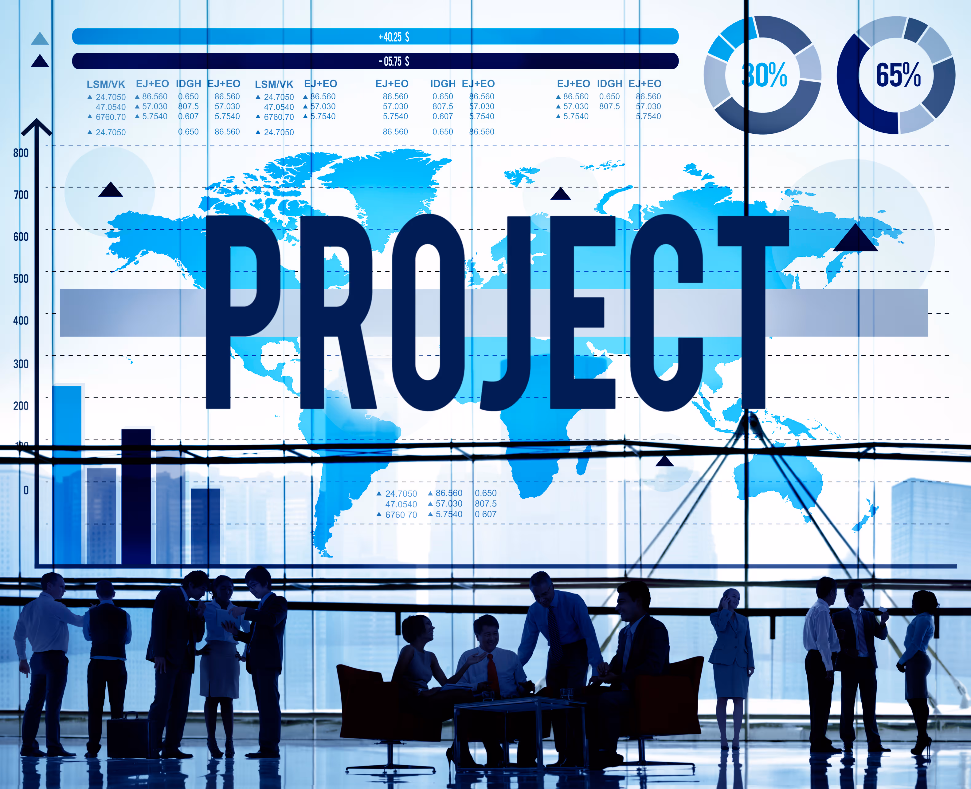 Silhouettes of business people meeting and talking in front of a large window displaying a world map with data charts and the word PROJECT.