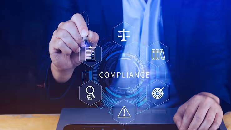 Person in suit interacting with a virtual interface showing icons for compliance with checklist, scales, files, magnifying glass, warning, and target symbols.