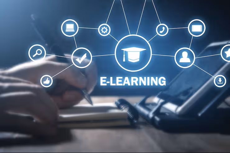 Person writing in a notebook with tablet and digital icons representing e-learning concepts like laptop, settings, phone, user, and download connected above.