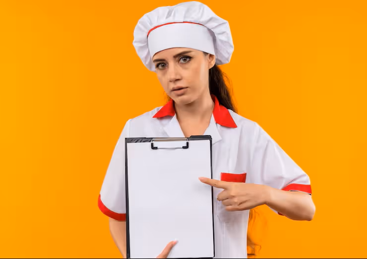 Woman chef in white uniform and hat holding and pointing at a blank clipboard against an orange background.
