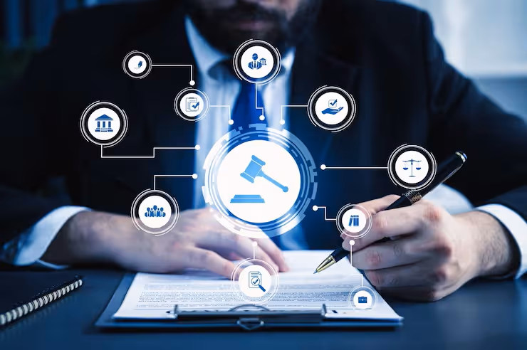 Person in a suit signing a document with digital legal icons including a gavel, courthouse, legal scales, and checkmarks hovering above.