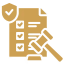 Icon of a checklist document with a shield and a judge's gavel representing compliance and legal approval.