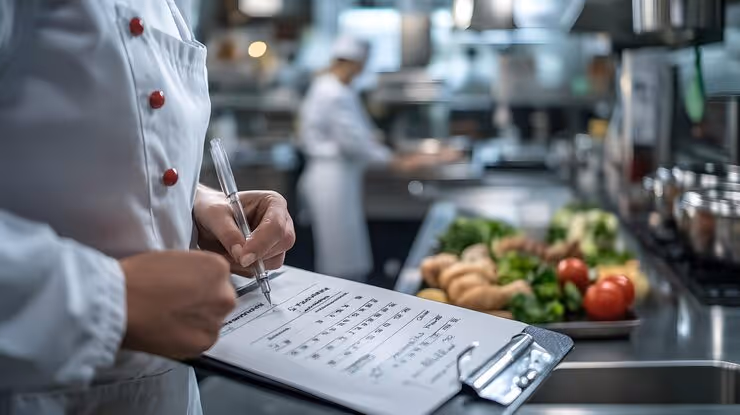 Chef in white uniform checking and making notes on a clipboard in a professional kitchen with fresh vegetables on the counter.