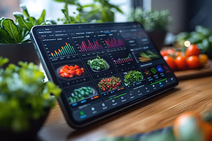 Tablet displaying agricultural dashboard with graphs and images of fresh vegetables on a wooden table surrounded by greenery.