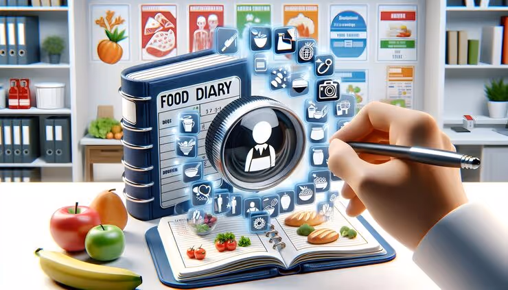 A hand holding a pen interacts with a digital interface projected from an open food diary book surrounded by fruits in a kitchen setting.