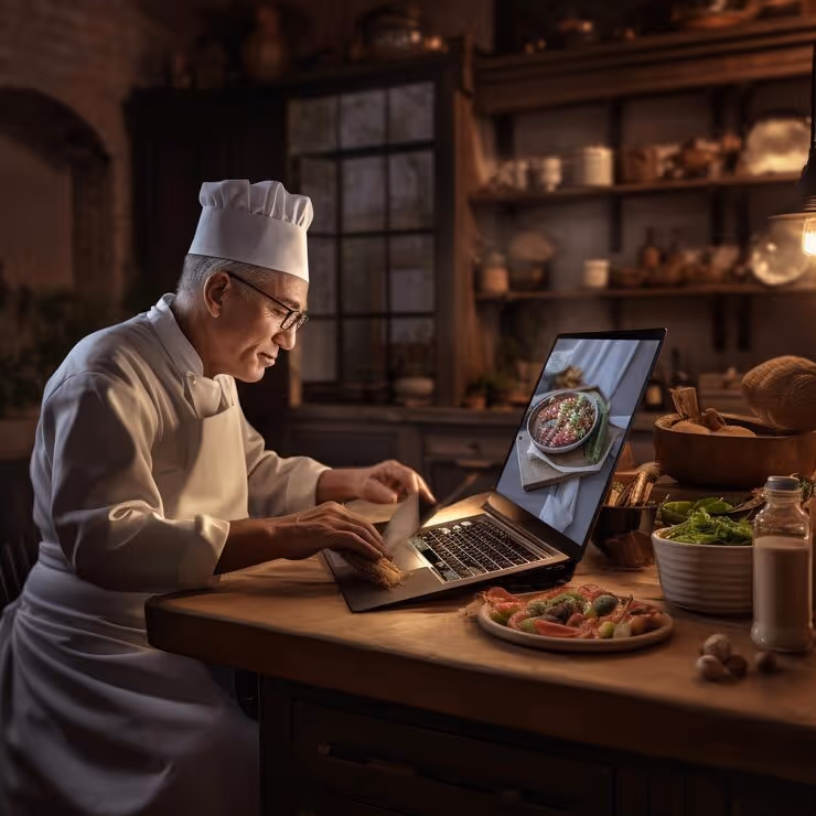 Chef in a white uniform and hat watching a cooking video on a laptop in a warmly lit kitchen.
