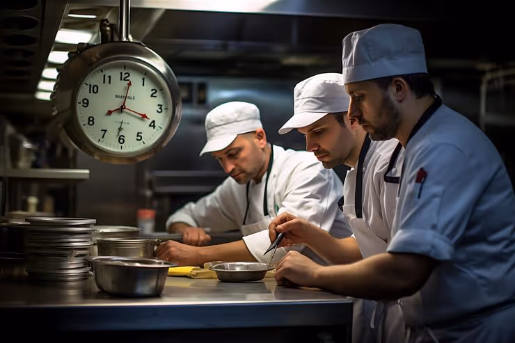 Three chefs in white uniforms and hats focused on plating dishes in a professional kitchen with a large clock overhead.