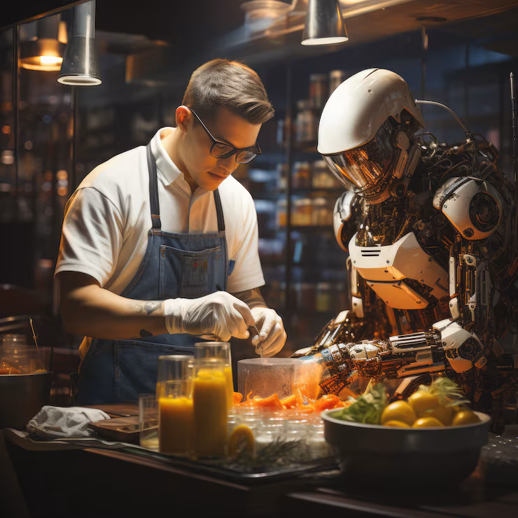 Chef wearing glasses and gloves preparing food alongside a humanoid robot in a kitchen.