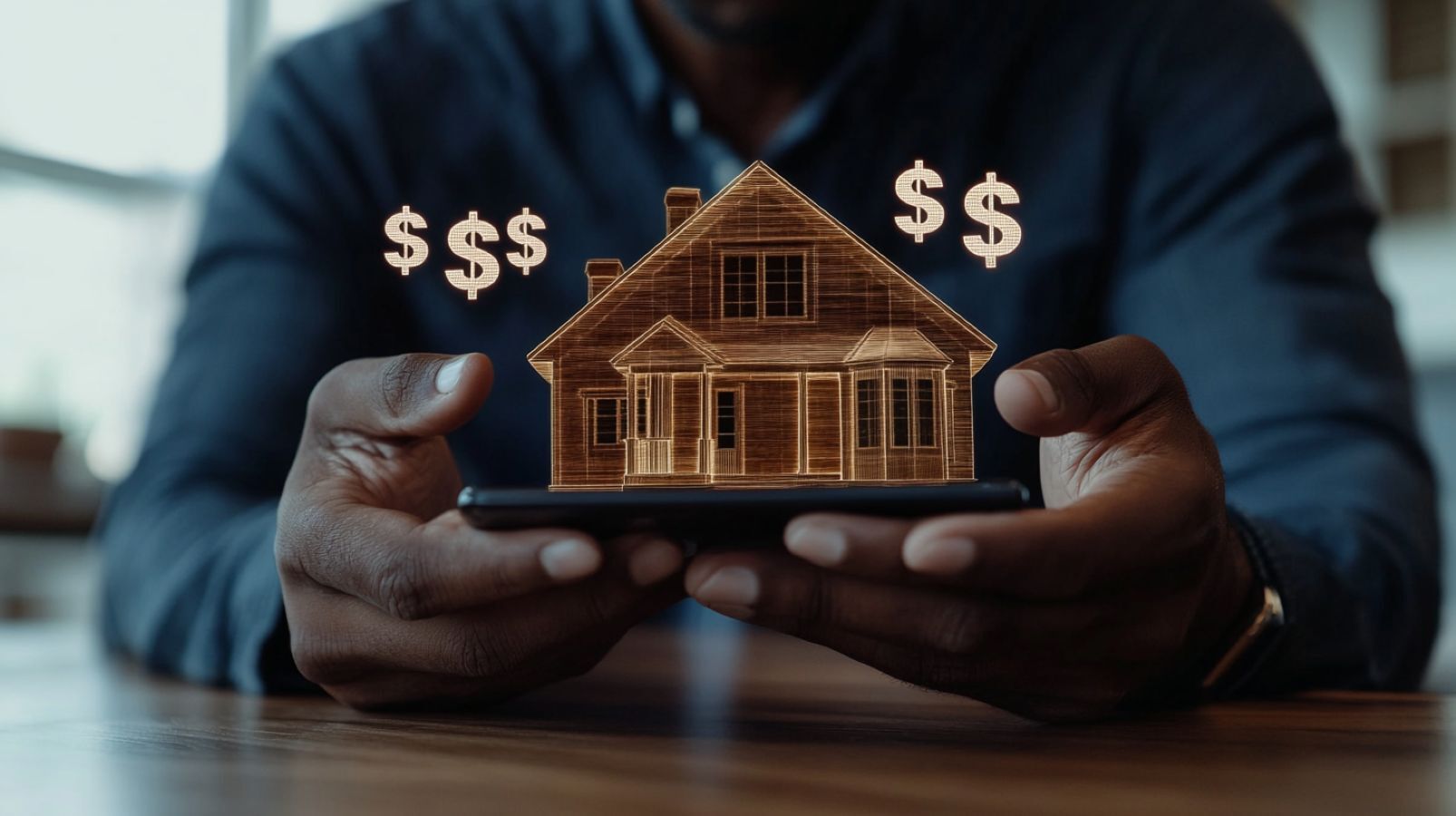 Photo of hands holding a tablet showing a digital, holographic house with dollar signs, symbolizing digital real estate investment, home equity, and cash on cash return opportunities.
