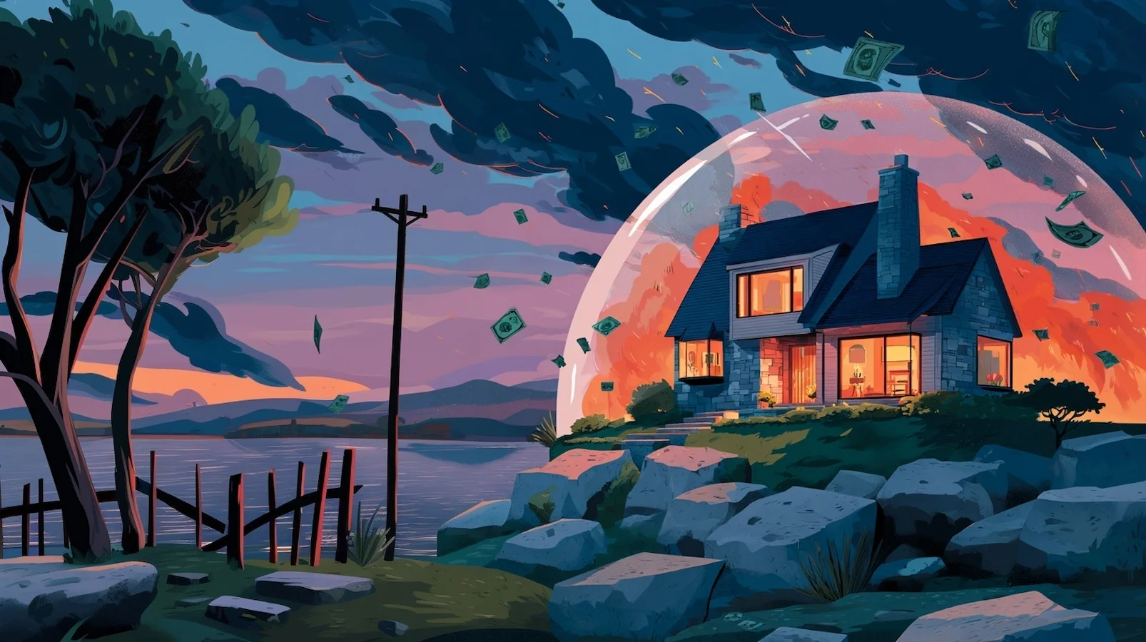Illustration of a house protected by a large glass bubble while a storm rages and money flies away outside, symbolizing resilient rental real estate investments and financial security against economic downturns.
