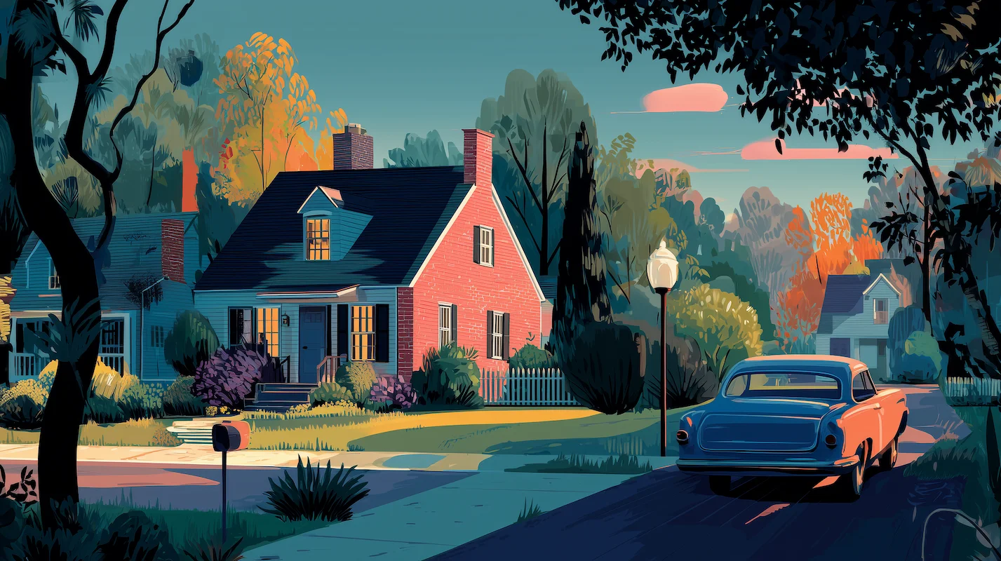 Illustration of a charming single-family home with a classic car, symbolizing neighborhood stability and the security of a long-term rental agreement via sale leaseback.
