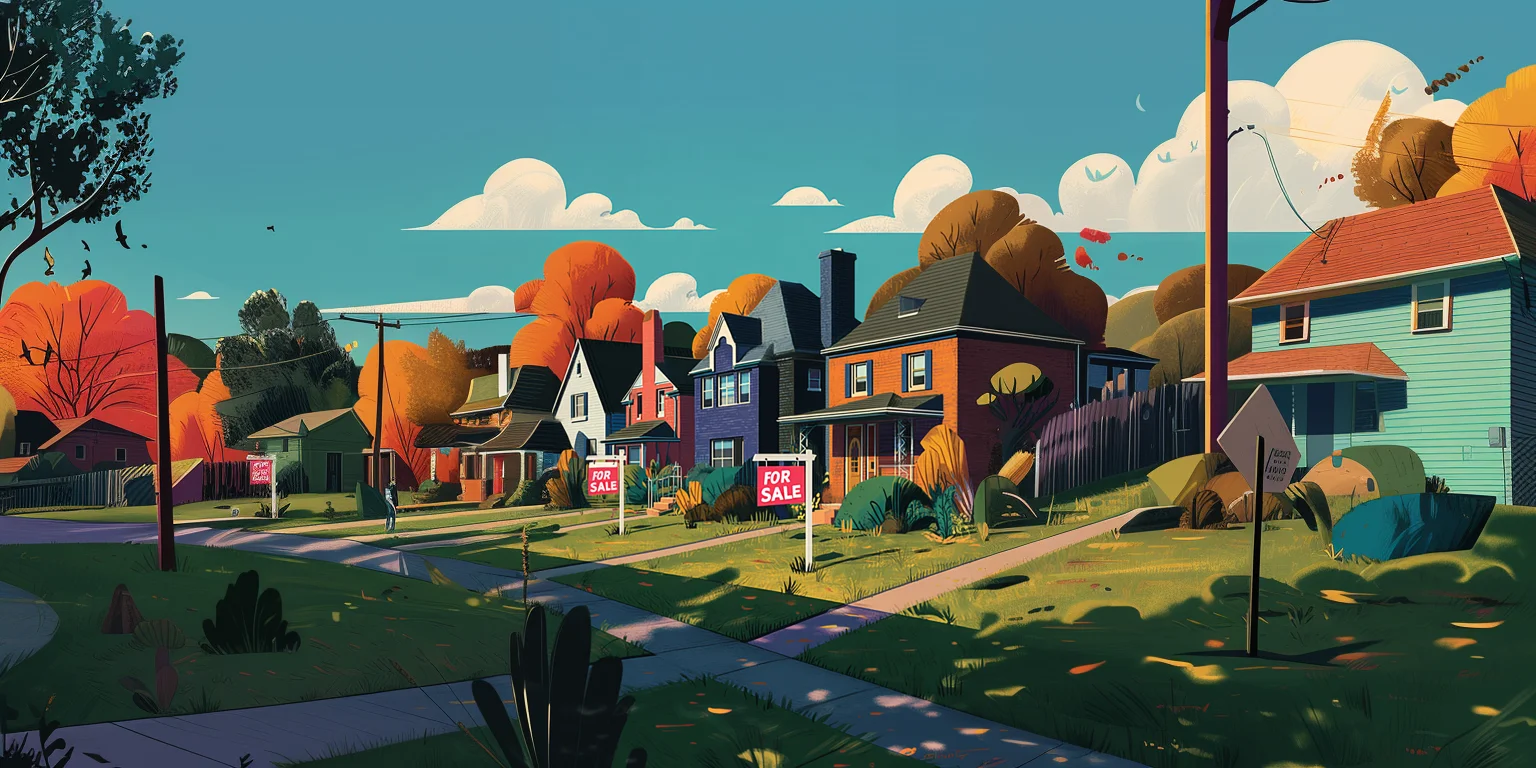 Illustration of a neighborhood street with several "For Sale" signs, symbolizing a market where quick sales are needed, and representing a guide for homeowners facing foreclosure to get fast cash.