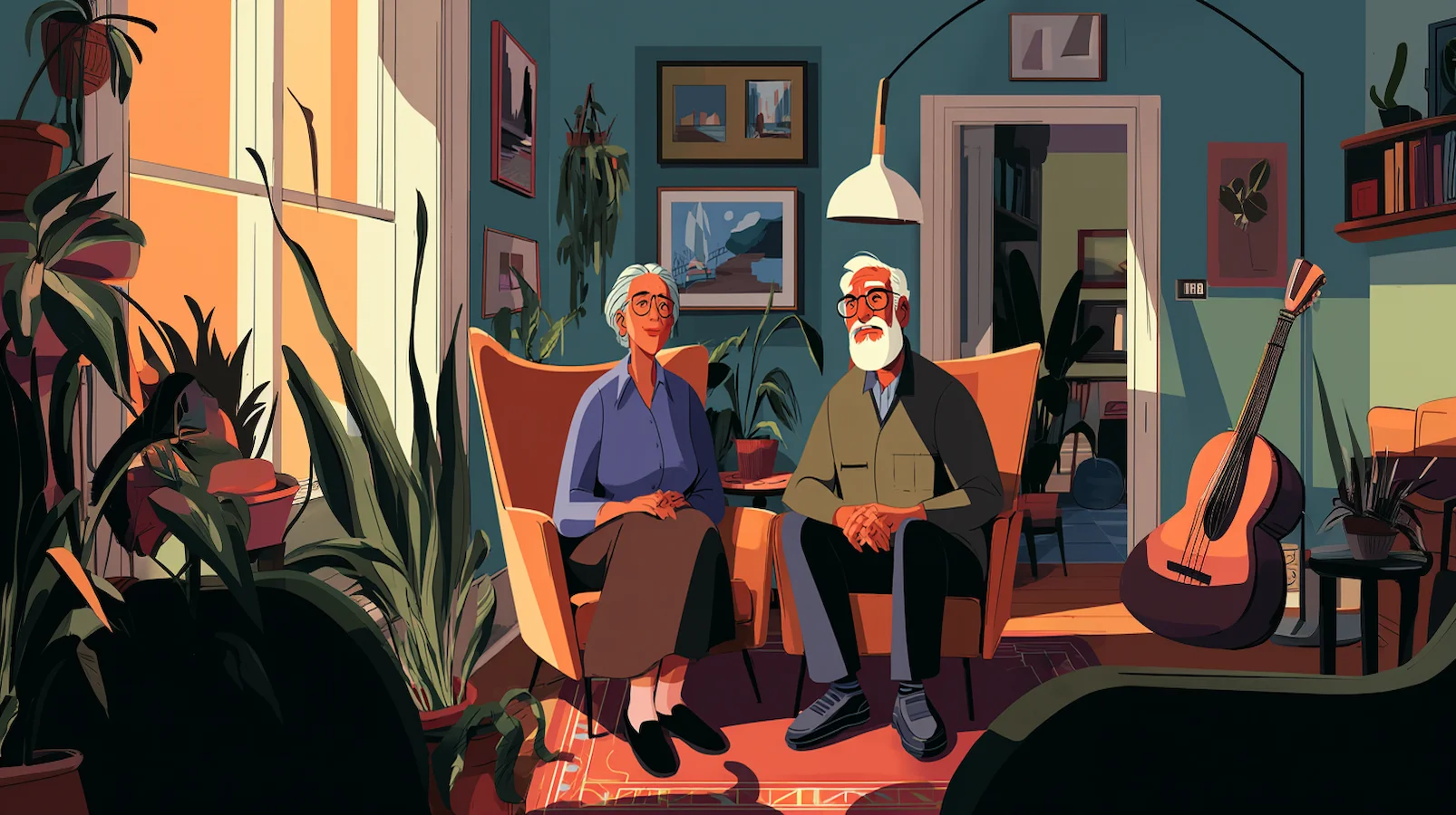 Illustration of a relaxed elderly couple sitting in their living room with plants and a guitar, symbolizing retirement hobbies, comfort, and the ability to continue aging in place after accessing home equity.