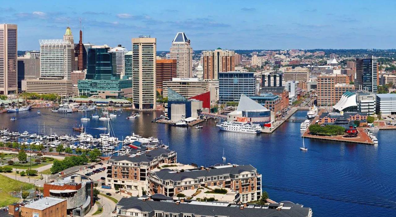 Photo of the Inner Harbor skyline of Baltimore, Maryland, representing a key US market for homeowners to sell their house and access home equity