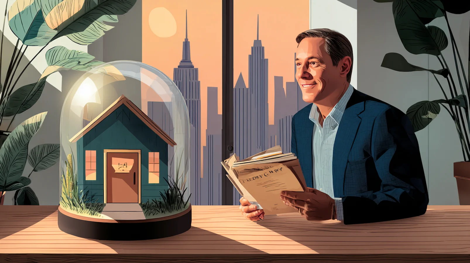 llustration of a man smiling and reading a book on investment, next to a miniature house protected in a glass dome, symbolizing secure, long-term investment planning and real estate wealth protection