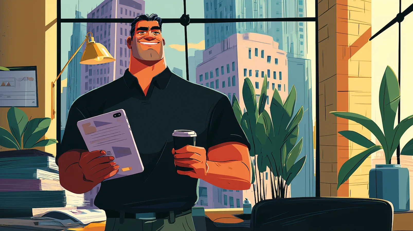 Illustration of a smiling, confident investor holding a tablet and coffee, symbolizing control, successful property management, and mastery of leaseback terms and rental income