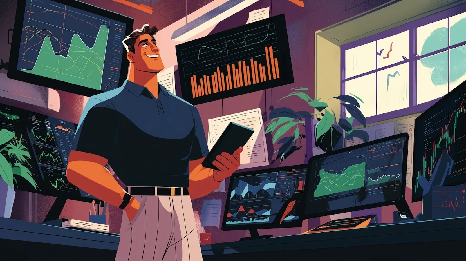 Illustration of a man smiling confidently in front of multiple screens displaying financial charts, symbolizing successful investment planning, high ROI, and maximizing cash on cash return with sale leaseback deals