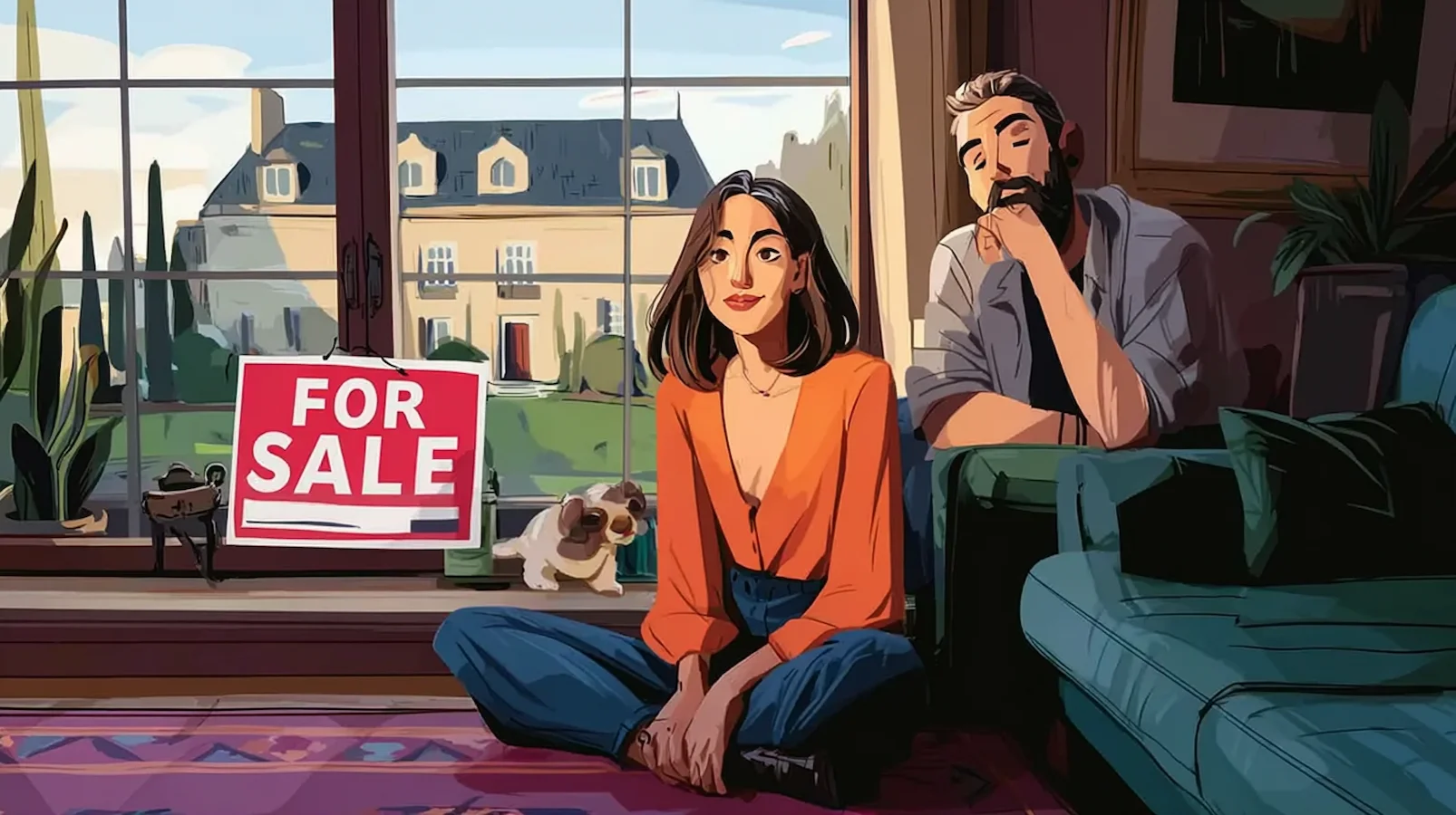 Illustration of a couple sitting in their living room with a "For Sale" sign visible in the window, symbolizing a homeowner facing the challenges of selling a house and the decision to use a sale leaseback to get fast cash