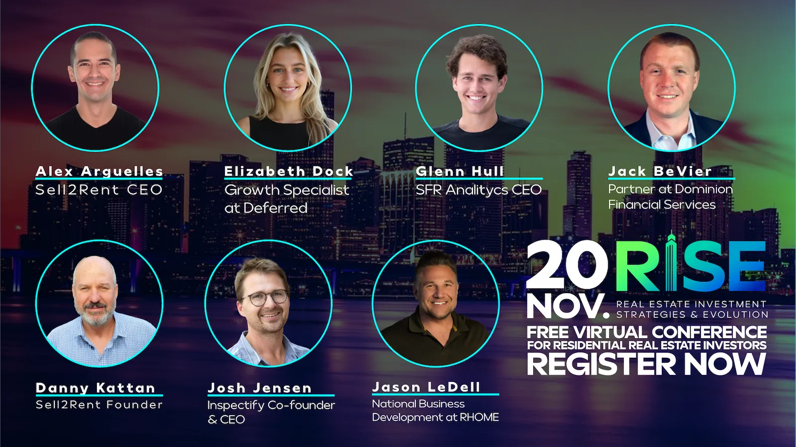 Promotional poster for the "RISE" Real Estate Investment Strategies conference, featuring experts like the Sell2Rent CEO and home investors, promoting investment planning and SFR real estate expertise