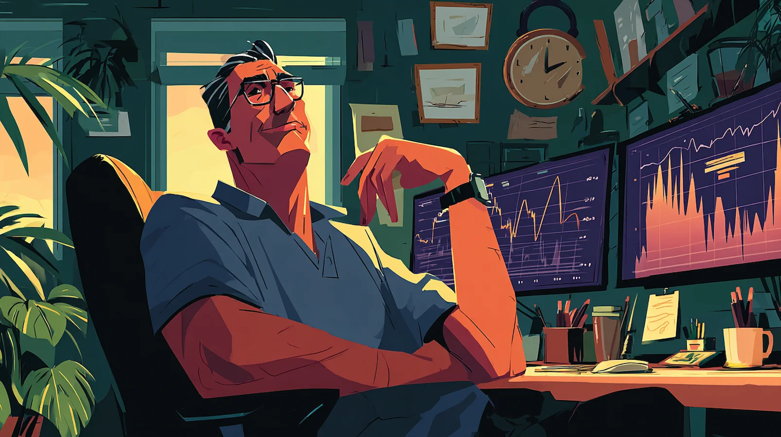 Illustration of a man sitting confidently at a desk with financial charts, symbolizing investment planning expertise and using data to maximize rental income and cash on cash return from income property