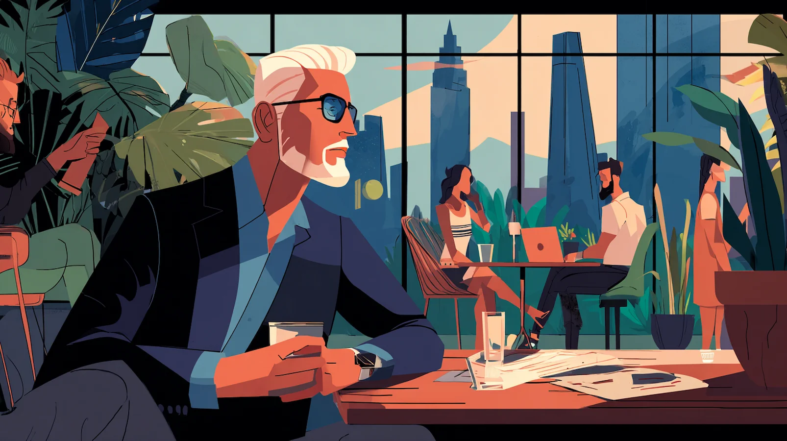 Illustration of a confident businessman looking at a city skyline, symbolizing the growth and future of residential leasebacks as a major new trend in real estate for home investors