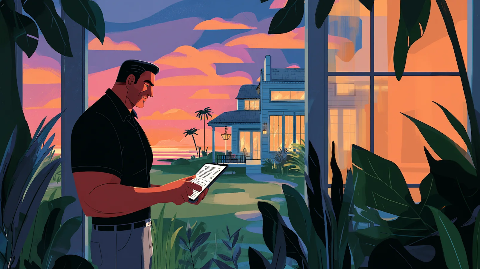 Illustration of a home investor reviewing documents on a tablet while looking at a large house, symbolizing due diligence and title search tips for securing residential rentals and income property